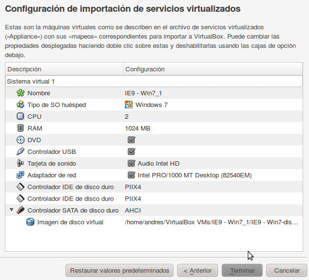 Imagen del asistente de importación de VirtualBox. Pantalla resumen