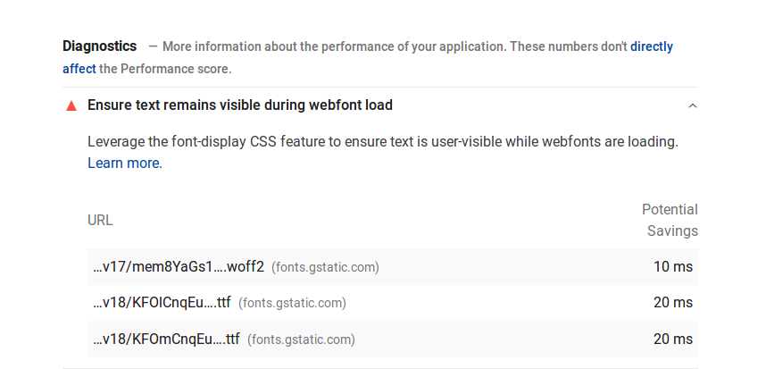 Advertencia sobre fuentes de Pagespeed Insights